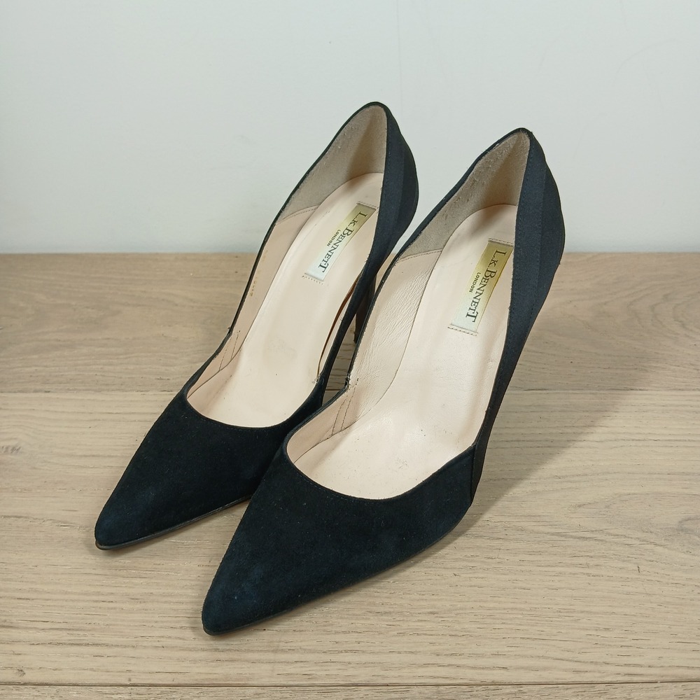 L.K. Bennett Heels Women 8.5 Black Satin Leather Pointed Toe Designer